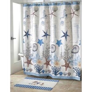 Nautical Beach Shower Curtain‎ Coastal Seaside Starfish Anchor Seashells 72x72